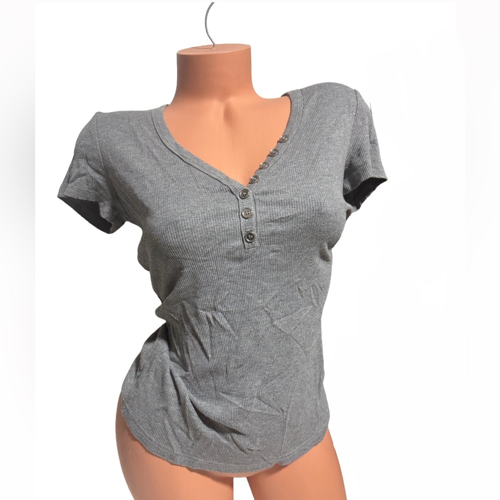 Gray V-Neck Button-Up T-Shirt